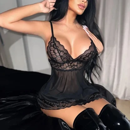 Sheer Lace V-neck Babydoll Dresses - Image 2